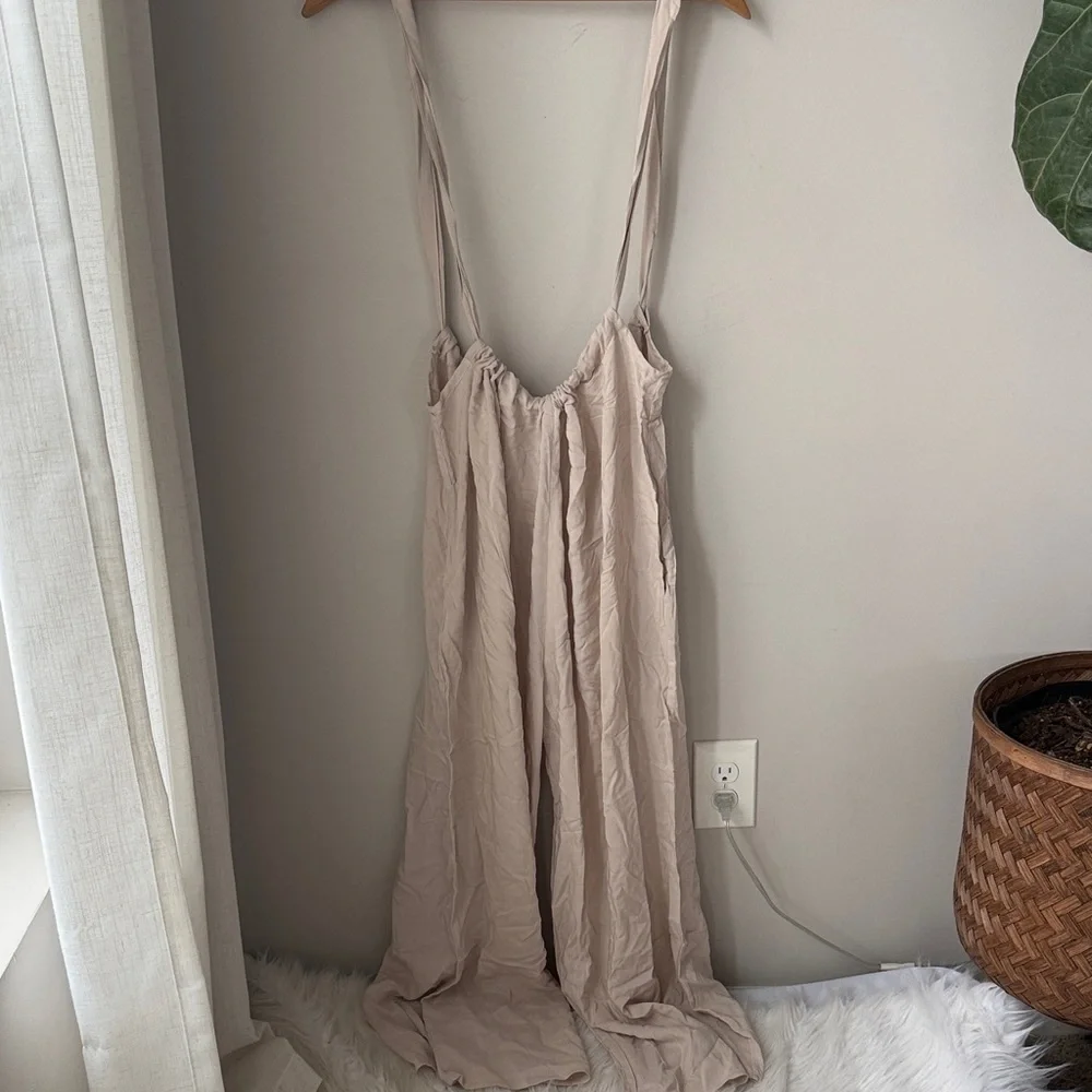 Zenana Light Mocha Tie Back Suspender Wide Leg Jumpsuit Pockets Boho - Picture 3 of 4